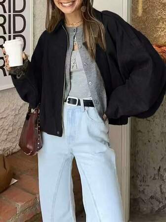 Chaqueta casual de moda callejera para mujer con cuello vuelto, manga larga con cremallera, estilo vintage y corte holgado