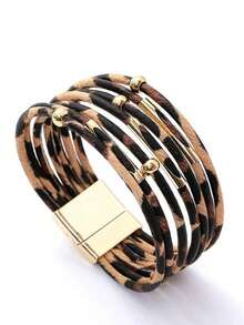 1pc New Leopard Print Magnetic Clasp Leather Bracelet, Random Leopard Pattern Multi-Layer Leather Cord Bracelet For Women