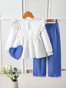 3pcs/Set Young Girls Casual Outfit, Soft & Comfortable Fabric, White T-Shirt, Blue Pants, Heart Decor Backpack, Bowknot Decor, Suitable For 4-7 Years Old, Daily Wear, Long Sleeve Top & Pants Set