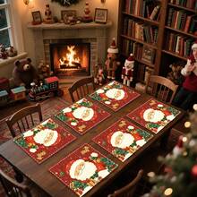 1 set/1 pieza/4 piezas/6 piezas Manteles individuales con patrón de Papá Noel y regalos, manteles individuales rectangulares de poliéster lavables a máquina, protectores de mesa, manteles individuales termoaislantes, decoraciones de mesa de restaurante, suministros para fiestas, decoraciones navideñas que pueden regalarse - Multicolor - Ver 4