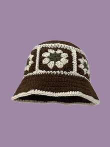 1pc Unisex Knitted Bucket Hat, Handmade Embroidered Bucket Hat, Warm & Windproof, Suitable For Spring & Autumn, Outdoor, Street, Retro Wave Brim