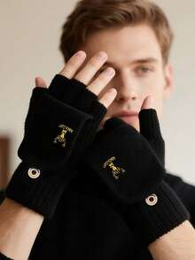 1 par de luvas com dedos à mostra para homens e mulheres, luvas de lã tricotadas com aba para outono e inverno