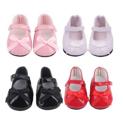4pcs Colorful Bow PU Leather Doll Shoes, Mini Cute Reversible Leather Shoes, Easy To Wear Doll Shoes Fit For 18 Inch American Dolls, Also Fit For 43cm Newborn And OG Girl Dolls, Doll Accessories.