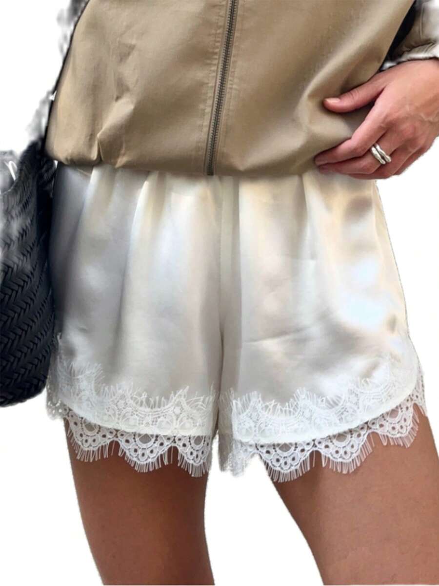 Women Silk Lace Mini Shorts Low Rise Lace Trim Satin Slip Shorts Silky Patchwork Lounge Pettipants Pj Bottoms - 白色 - 查看 1