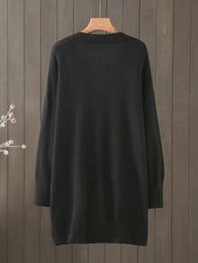 大码V领纯色长袖针织毛衣裙，休闲，秋冬