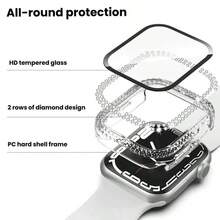 1pc Fashionable Attractive Sparkling Crystal Rhinestone Decorated 2-In-1 Anti-Fall Ultra-Thin Tempered Glass Protection Case Compatible With Apple Watch 38/40/41/42/44/45/46mm, Compatible With Apple Watch SE/10/9/8/7/6/5/4/3/2/1 Series, Smartwatch Case Accessory, For Women And Men
