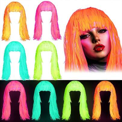 1件/4件装霓虹箔片假发，夜光派对用品，紫外线反应闪亮派对假发，男女成人适用，适用于拍照亭、生日派对装饰，70年代80年代角色扮演，绿色、玫瑰红、黄色、橙色