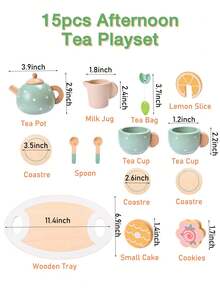儿童木制茶具套装，公主茶会玩具厨房配件，包含逼真的食物，儿童过家家茶具玩具，增强想象力和社交能力 - 彩色 - 查看 4