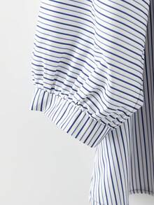 Striped Contrast Color Asymmetric/Asymmetrical Button-Up Plus Size Shirt - Blue - View 4