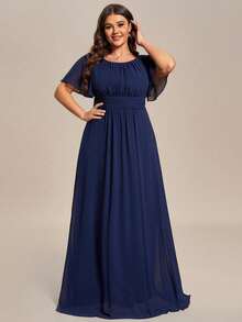 EVERPRETTY Plus Size Elegant Chiffon Ruffle Sleeve Round Neck Blue Formal Dress, Suitable For Special Occasions, Wedding Guest Attire, Mother Of The Bride - Navy Blue - View 5