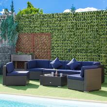 Outsunny Outsunny 7 Piece Patio Furniture Set, PE Rattan Outdoor Conversation Set With Sectional Sofa, Glass Tabletop, Cushions And Pillows For Garden, Lawn, Deck, Dark Brown And Navy Blue