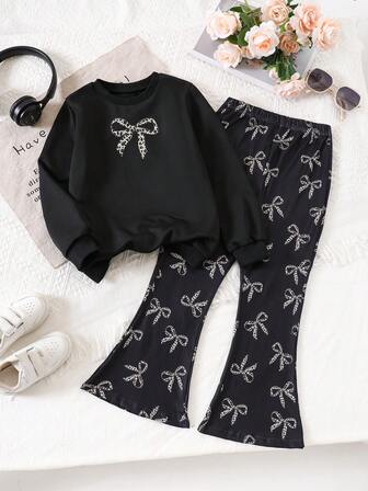 Girls Autumn Leopard Print Bow Decor Loose Fit Sweatshirt And Fashionable Flare Pants 2pcs Set