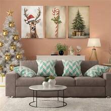 1pc/3Pcs Merry Christmas Canvas Prints With Reindeer, Pine Trees And Candy Patterns, Vintage Christmas Wall Art, Suitable For Living Room, Bedroom, Home Office, Perfect Holiday Gift, Wall Art, Home Decoration, Art Poster,Optional Frame Christmas Decorations Room Decor - Multicolor - View 1