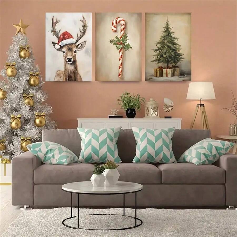 1pc/3Pcs Merry Christmas Canvas Prints With Reindeer, Pine Trees And Candy Patterns, Vintage Christmas Wall Art, Suitable For Living Room, Bedroom, Home Office, Perfect Holiday Gift, Wall Art, Home Decoration, Art Poster,Optional Frame Christmas Decorations Room Decor - Multicolor - View 1