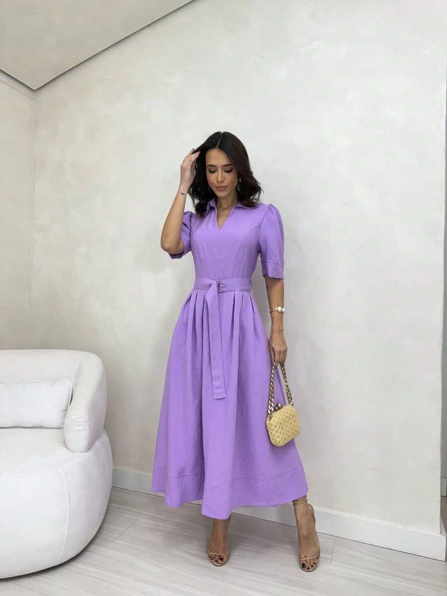 Classic Elegance Long V-Neck Dress – Sophisticated Cut And Impeccable Fit - Màu Lilac Tím - Xem 1