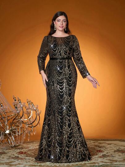 Mgiacy、新品、圆领、亮片、闪亮、大码舞会礼服、透视、腰带、长袖、适合、舞会婚礼、派对礼服、婚礼宾客礼服、晚礼服（非定位）