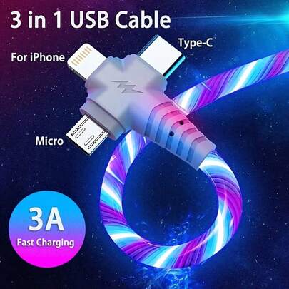 三合一 6A 高速充电线，带 USB 转 Micro USB + Type-C + Lightning 接口的数据线，兼容 /兼容 、Android、相机、MP3 通用适配器，充电器 Nan MFi 认证