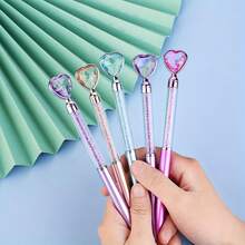 10pcs Diamond Heart Shaped Crystal Liquid Ballpoint Pens, Colorful Faux Metal Barrel, Crystal Gem Ballpoint Pens