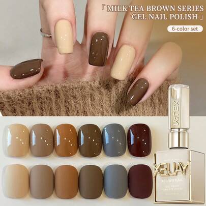  XEIJAYI 6支装15ml焦糖棕色系列凝胶指甲油套装，秋季亮泽半永久纯色指甲油套装，可卸UV指甲油，秋冬美甲美甲设计