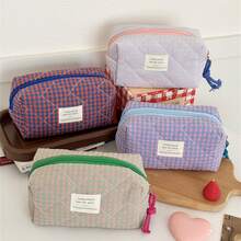 1 pieza Bolsa de maquillaje a cuadros de 4 colores, bolsa portátil de almacenamiento de cosméticos y artículos de aseo