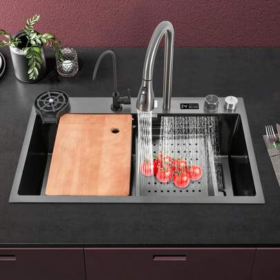 HOHOBLA Flying Rain Waterfall Kitchen Sink Nano Stainless Steel Bar Sink Temp Digital Cup Washer Sink Undermount Workstation Sink With Pull-Out Faucet, Gray (32" X18")