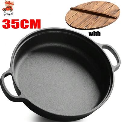 NEW 35cm Deep-Frying Pan With Lid Cast Iron Pre-Seasoned Deep Frying Pan Paella Frypan With Wooden Lid  AU