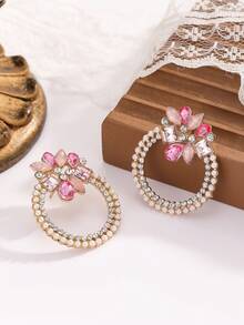 1 Pair Of Colorful Rhinestone Round Flower Fashionable Ear Studs Imitating Pearl Simple Earrings Are Suitable For Wearing At Daily Weddings, Banquets And Parties - ZNW364 - View 6