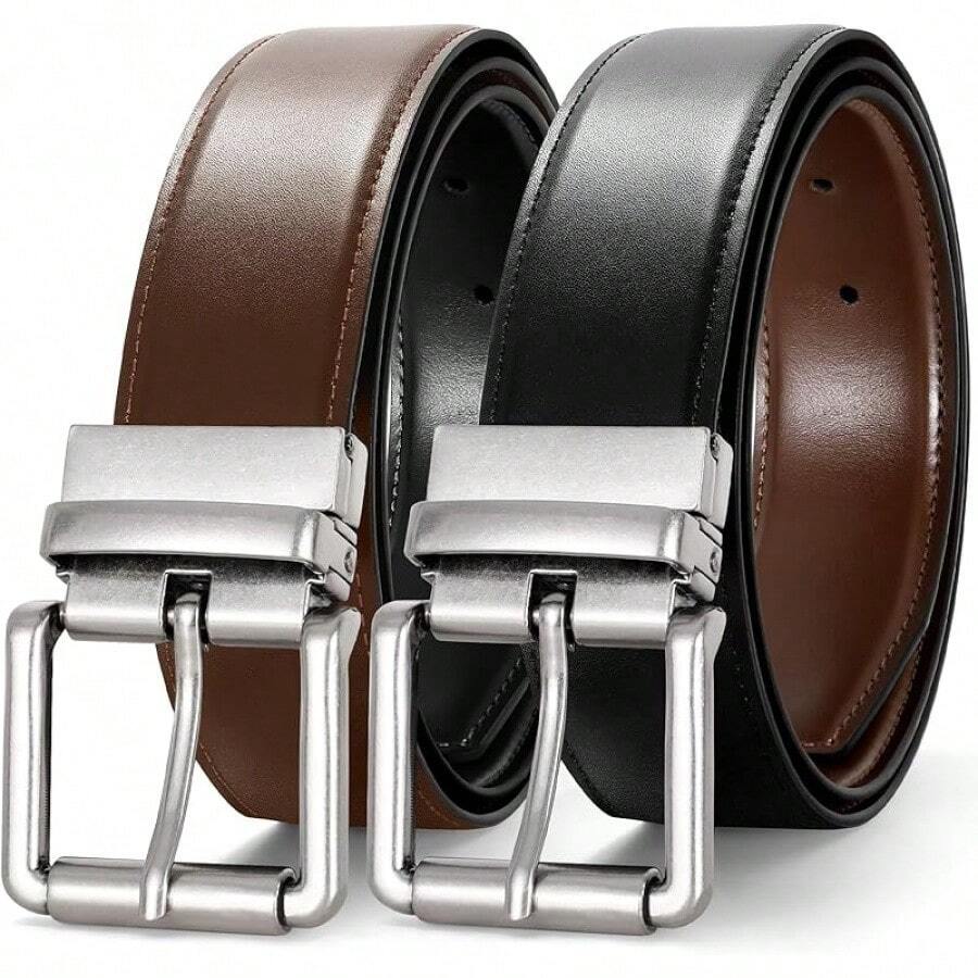 Reversible Leather Belt For Men Casual Dress Belt Dual Sides Adjustable Waistband For Formal And Informal Wear - B-cà phê/Đen - Xem 1