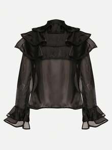 Women's Solid Color Flare Sleeve Ruffle Trim Single-Breasted Elegant Fashion Blouse - Black - View 7