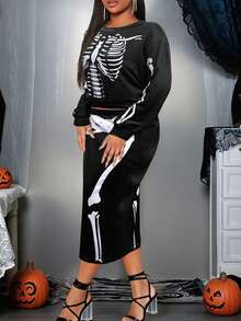 2025 Plus-Size Halloween Costume New Casual Plus-Size Two Pieces Suit, Early Autumn And New Autumn, Day Of The Dead, Easter, Western Style, Parties, Student Costumes, Holiday Restrictions, Role-Playing Dances And Other Scenes, Popular Online Goods, Skull Pattern Printing, Knitted Fabrics, Suitable For Going Out To Wear.
