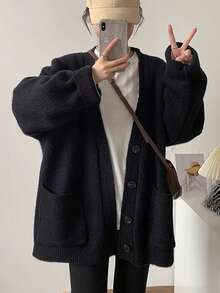 女士纯色口袋休闲宽松针织开衫毛衣，秋冬黑色 - 黑色 - 查看 5