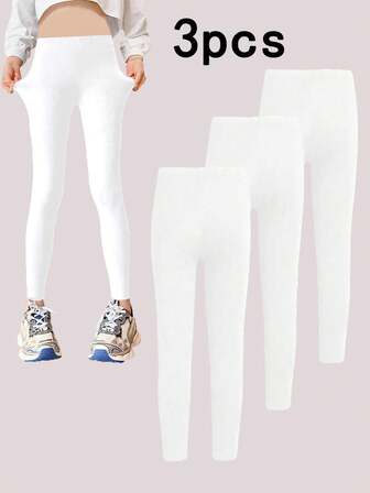 3-delat set med moderiktiga och söta enfärgade leggings för unga flickor, stretchiga stickade mjuka och bekväma leggings, avslappnad sportstil, lämpliga för vår, sommar, höst och vinter, utomhusaktiviteter, dans, cykling, löpning, sammankomster, fester och vardagskläder