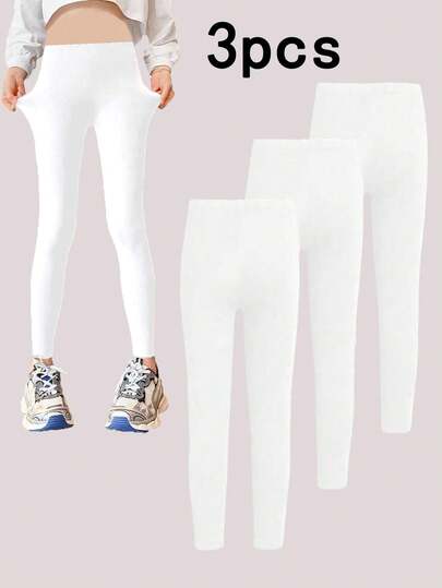 3pcs/Set Girls' Casual Solid Color Leggings, Elastic Knit Soft & Comfortable, Sporty Style, Suitable For Outdoor Activities, Dancing, Cycling, Running, Gatherings, Parties And Daily Wear In Spring, Summer, Autumn And Winter