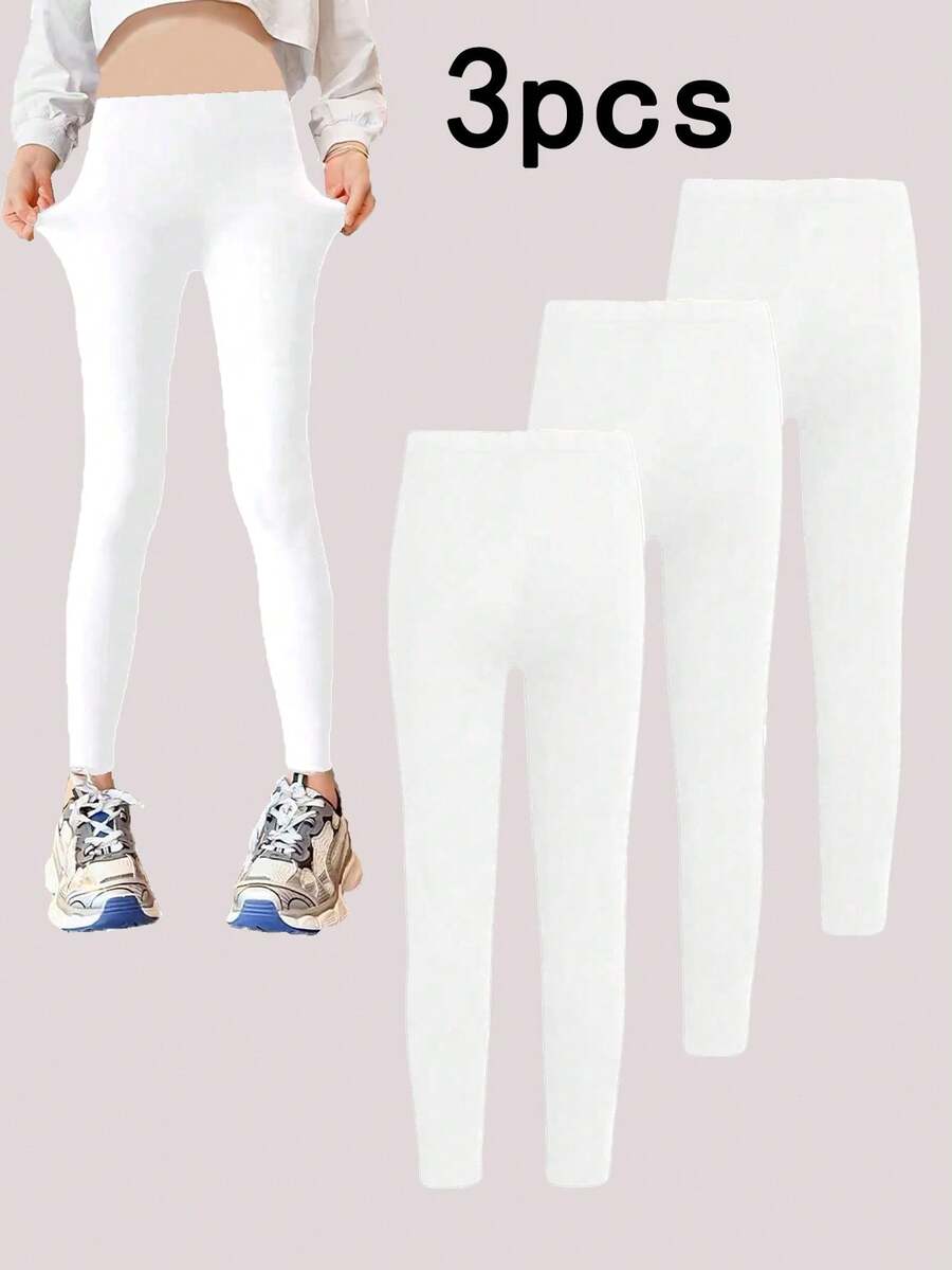 3 Stücke/Set Mädchen Lässig einfarbige Leggings, elastisch gestrickt weich & bequem, sportlicher Stil, geeignet für Outdoor-Aktivitäten, Tanzen, Radfahren, Laufen, Treffen, Partys und den täglichen Gebrauch im Frühling, Sommer, Herbst und Winter