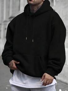 Sudadera con capucha para hombres - Negra con gráfico de alas de ángel azules - Sudadera de ajuste holgado, bolsillo delantero - Ropa exterior casual para todas las estaciones para eventos diarios y formales - Esencial de moda urbana estilo INS, sudadera con capucha, ropa de otoño e invierno, diseño geométrico moderno, tela cómoda, ropa de estar en casa, moda urbana, material suave, amantes del estilo callejero, sudadera con capucha para hombres con estampado de alas, sudadera con capucha y estampado de alas Yk, sudadera gótica para hombres con capucha, sudadera para hombres con bolsillo - Negro - Ver 2