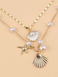 2pcs/Set Beachy Metal Starfish, Pearl & Shell Necklace Jewelry Set, Resort Style - Gold - View 3