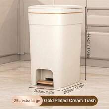 1 pieza Papelera de baño compacta básica de plástico, con pedal sin manos, cierre silencioso, diseño de pedal ligero con aro para bolsa de basura, estética moderna rectangular de gran capacidad, viene con tapa para protección contra olores, adecuada para oficina, dormitorio, cocina, sala de estar, color dorado champán, accesorios de baño, decoración de habitación