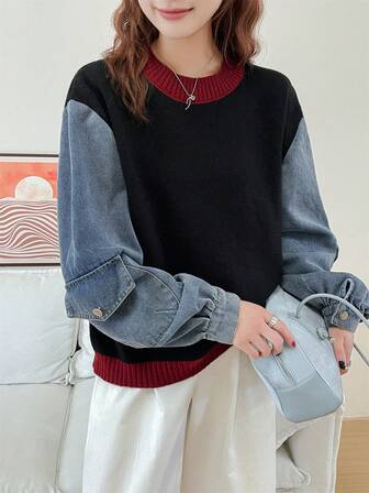 Suéter de punto con diseño de patchwork de mezclilla, suéter holgado y casual de bloques de color para mujer, nueva llegada de otoño/invierno