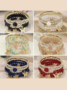 Bộ 4 vòng tay co giãn mặt dây chuyền hình bướm đính đá pha lê phong cách Bohemian, vòng tay đính hạt vàng có thể xếp chồng lên nhau dành cho nữ/bé gái, trang sức quyến rũ nhiều màu sắc, phong cách Boho mùa hè đi biển. - Nhiều màu - Xem 11