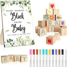 43 pièces Ensemble de jeu pour Baby Shower, Idées uniques pour Baby Shower, comprenant 30 blocs en bois vierges DIY, 12 marqueurs et 1 panneau de jeu "Décore un bloc" pour la fête de révélation du sexe du bébé