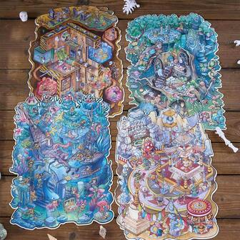 3 Sheets Miniature Landscape Stickers + 1 Sheet Scene Cardboard, Suitable For Scrapbooking, Planner, Craft, Plus Size