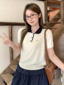 女款拼色動物印花前開鈕扣針織短版上衣，夏季白色 - 白色 - 查看 4