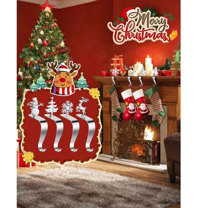 4 件套节日圣诞袜架套装，圣诞袜钩壁炉衣架金属夹圣诞派对树挂钩，时尚壁挂式壁炉架展示架，适用于节日装饰、家居装饰、圣诞装饰