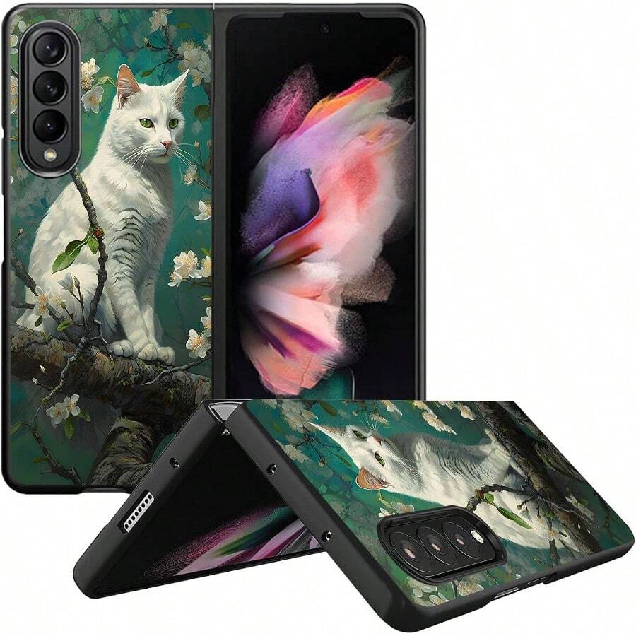 Floral, Animal And Galaxy Print Pattern Foldable Phone Case Compatible With Sam Galaxy Z Flip 3 4 5 6 7 Folding Case Design For Moto Razr 40 50 60 Ultra Cute Phone Case For Girl And Women - Hoa mèo trắng - Xem 1