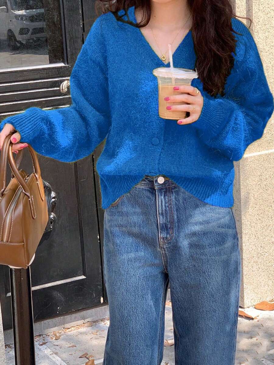 Cárdigan básico de mujer con cuello en V y hombros caídos, de un solo botonadura, de unicolor, para otoño - azul real - Ver 1