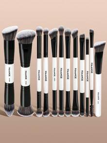 MAANGE 1/2/5/7/8/10/12支装柔软双头多功能化妆刷套装,包含面部刷、散粉刷、腮红刷、遮瑕刷、轮廓刷、鼻影刷、眼影刷、细节刷、粉底刷、高光刷。高品质合成刷毛,经久耐用,适合日常面部彩妆,可用于液体、膏状和粉状产品。可用于点彩、晕染和洁面。美容化妆配件,送给女性和女孩的绝佳礼物,赠品,专业化妆刷,全套化妆刷具。 - 黑與白 - 查看 4