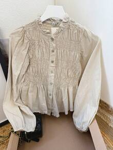 blusa abierta de bonetones, con goma elástica, cuello bolate, nueva colección de otoño  para mujer, equivale para una talla xs/s  . entrega estimada 1-3dias laborable (península) envió gratuito - Beis - Ver 3