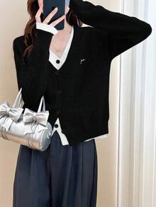 女士秋冬极简V领二合一毛衣开衫 黑色 - 黑色 - 查看 4