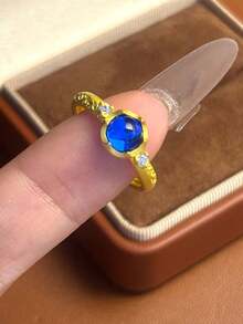 1pc Minimalist Blue Zirconia Flower Open Ring, Fashionable Personalized High-End Everyday Wear Women Ring