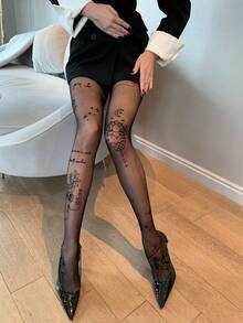 1 Pair Ultra-Thin Black Lotus Patterned Sexy Pantyhose, Comfortable And Warm, Suitable For Fashion-Conscious Wearers - Black - View 3